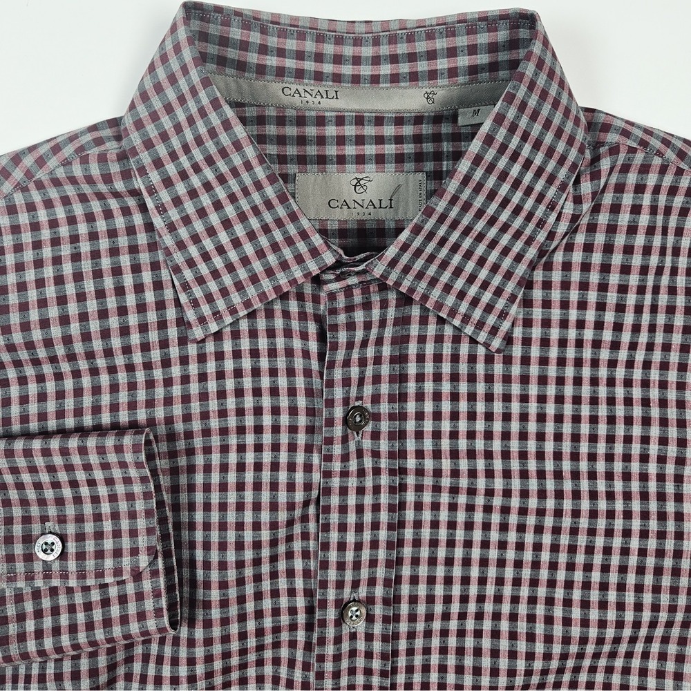 Canali Mens Medium M Burgundy Red Gray Gingham Check Button Up Shirt Career‎